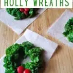 Overhead of holly wreath cookie with text classic holly wreaths.