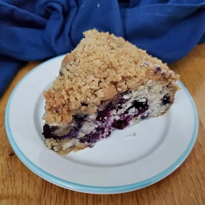 Slices of blueberry streusel coffee cake on a plate.