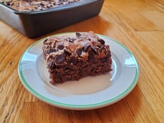 Slice of chocolate chip applesauce cake on a small white plate.