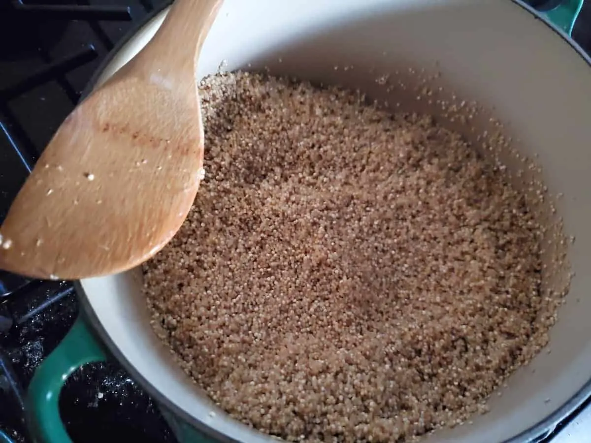 Toasted quinoa in a pot with a spoon on the edge.