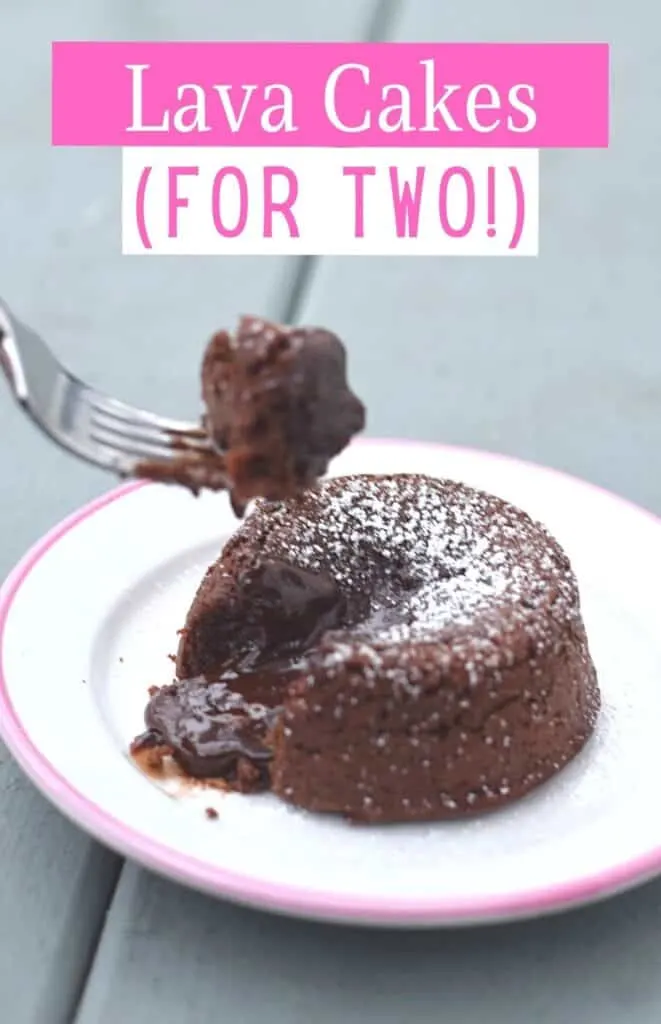 Fork with molten chocolate cake on a plate with text lava cakes for two.