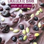 Full sheet of chocolate bark with text perfect chocolate bark simple and delicious.