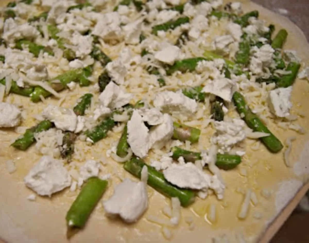 Asparagus Goat Cheese Pizza prepped for the oven.