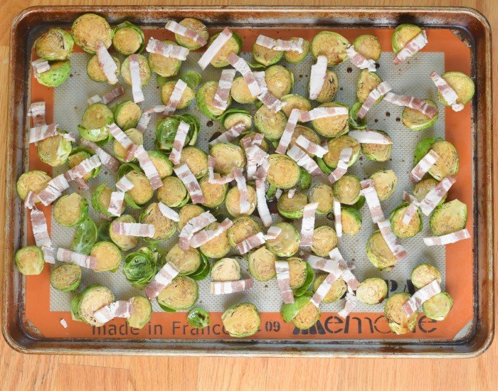 Add matchstick sliced bacon to Brussels sprouts to cook