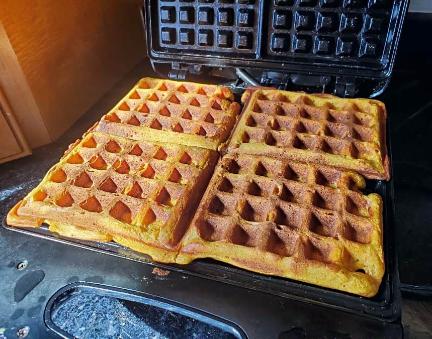 Pumpkin waffles in the waffle iron