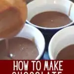 Pouring chocolate custard into ramekins with text how to make chocolate pots de creme.
