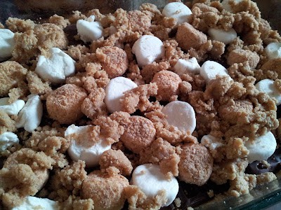 Close up of chewy s'mores bars pan before baking.