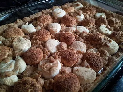 Full pan of chewy s'mores bars in a baking dish.