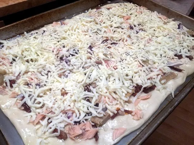 Smoked salmon pizza recipe ready to bake
