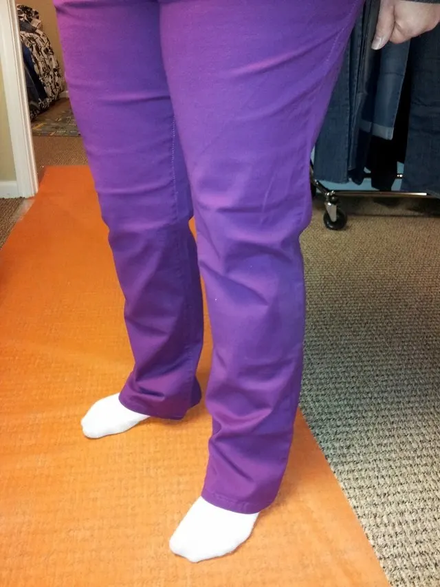 Example of purple Lee Jeans tried on