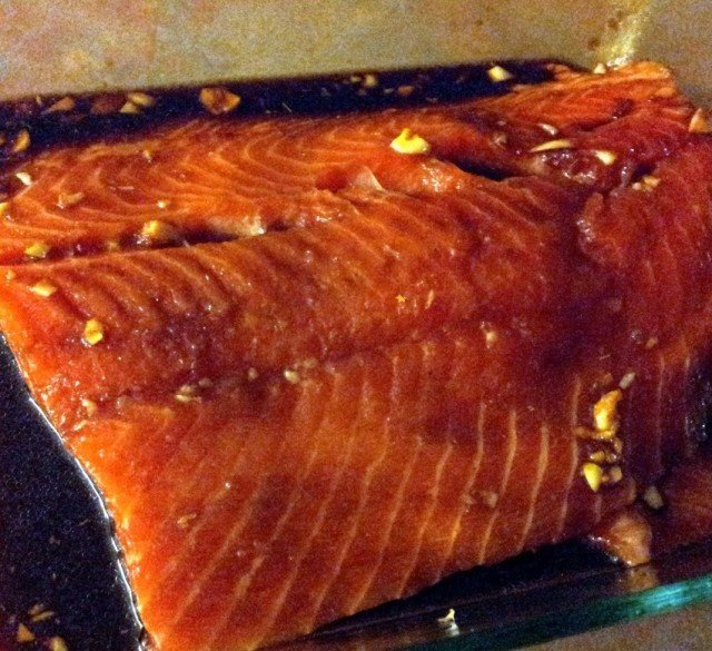 Marinate salmon in a shallow dish