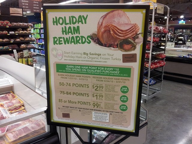 Promotional signage for Mariano's holiday ham rewards