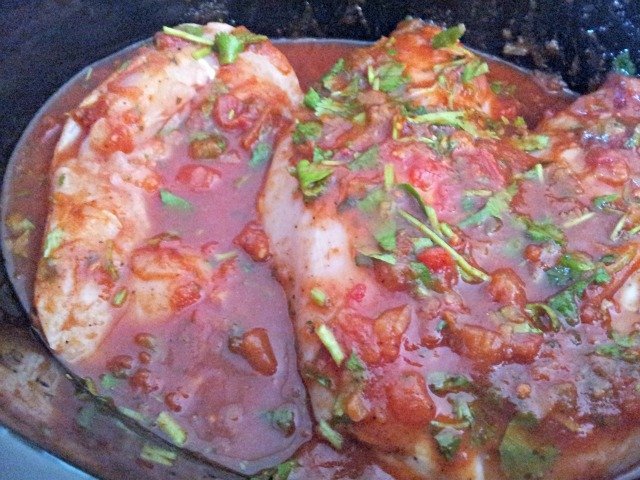 Tomato lime chicken in the crock pot before cooking