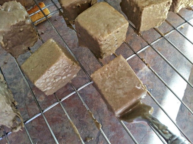 Use the fork to carefully place chocolate squares onto cooling rack
