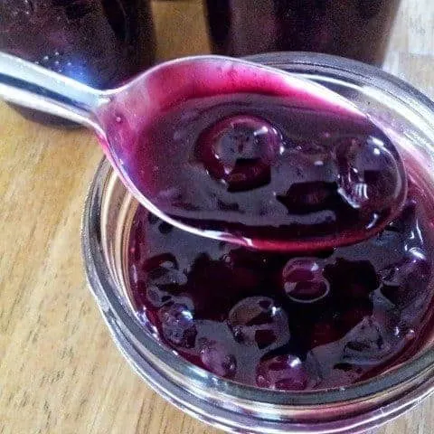 Homemade blueberry syrup being spooned from a jar