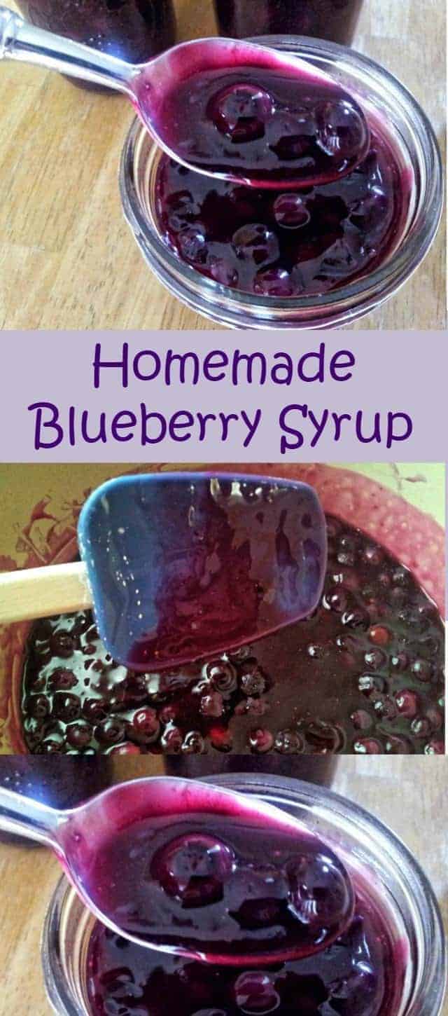 Homemade blueberry syrup collage with top having syrup in a ar and bottom partially cooked.