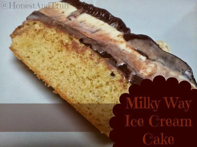 Slice of Milky Way Ice Cream cake ready to eat