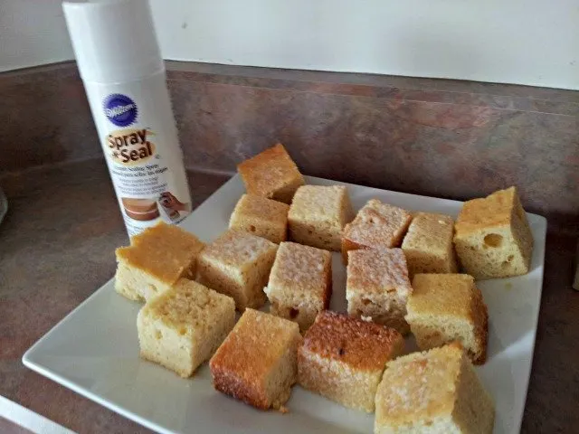 Spray seal the cake squares to keep crumbs from making them messy