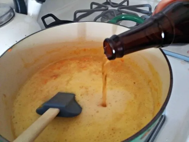 Beer gets added to beer cheese soup after it's pureed