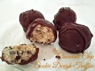 Chocolate chip cookie dough truffles recipe for a perfect dessert. These easy homemade truffles have edible cookie dough inside. So good! #cookiedough #truffles #chocolatechip #deserts