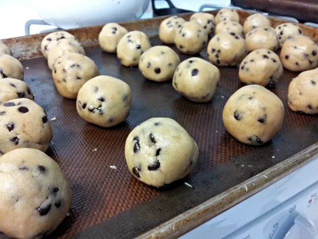 Chocolate chip cookie dough truffles rolled into spheres