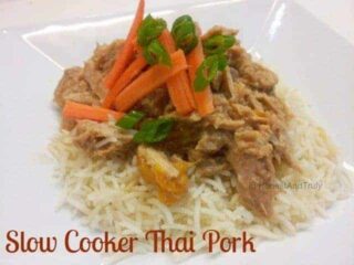 This simple crock pot recipe is a perfect comfort food. Thai pork is a great fix for when you don't want takeout. Enjoy all the flavor at a fraction of the cost! #thai #crockpot #pork #dairyfree