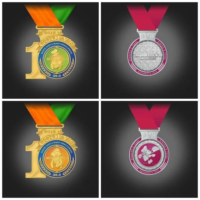Run Disney medals for 2014 Wine and Dine half marathon and 2015 Goofy Race and a Half Challenge
