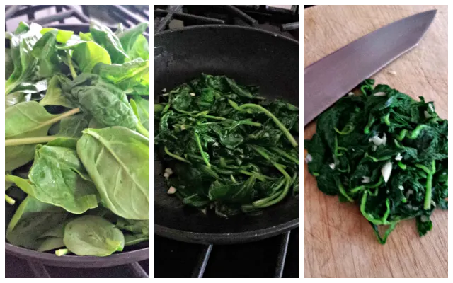 Prepping your spinach for the calzones, and it will be amazing how much it wilts