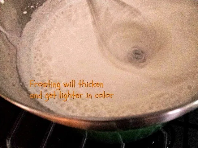 As you whisk, your frosting will thicken and lighten in color