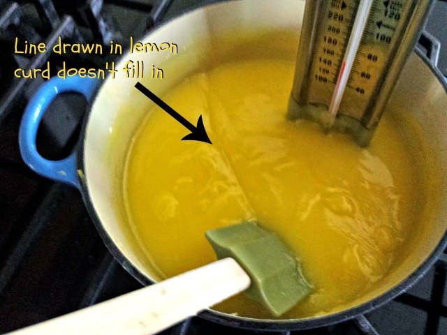 Lemon curd is cooked enough when you can draw a line through it with your spatula