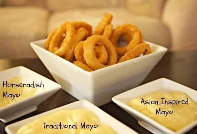 3 flavors of mayo with onion rings