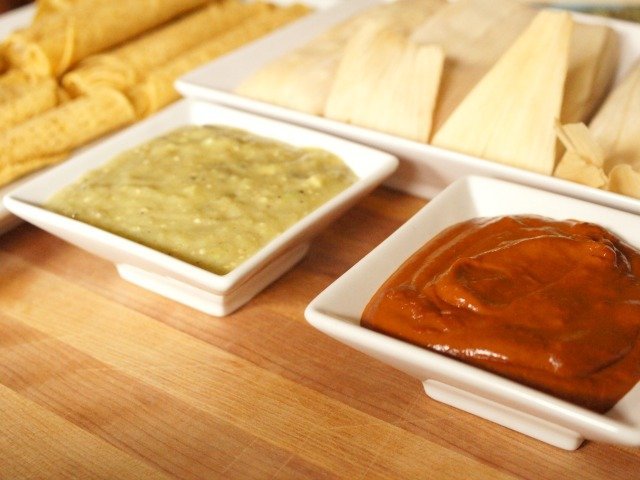 Roasted tomatillo salsa and mole for Delimex appetizers