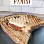 Grilled panini cut in half on a blue plate with text tomato mozzarella panini.
