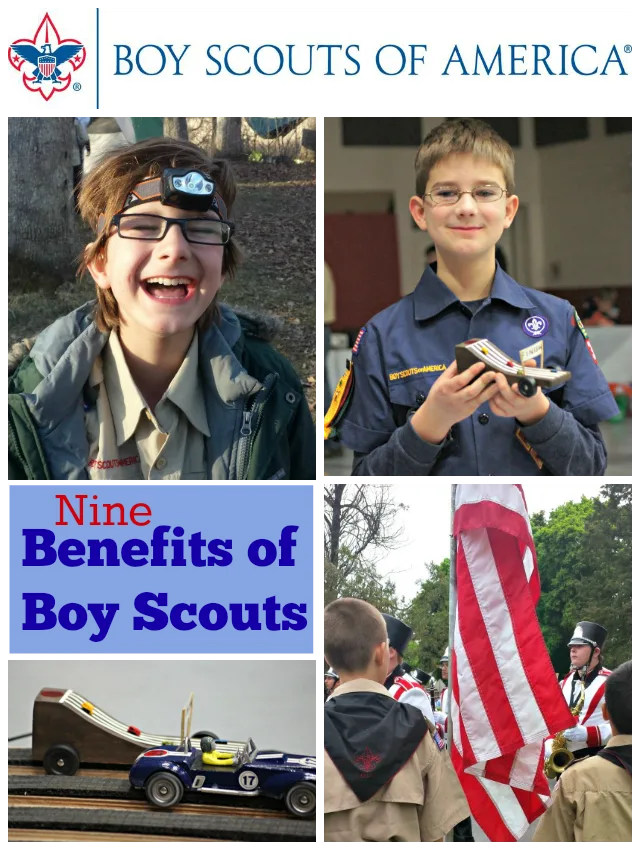 Collage of a boy with four typical Boy Scout moments and text 9 Benefits of Boy Scouts.