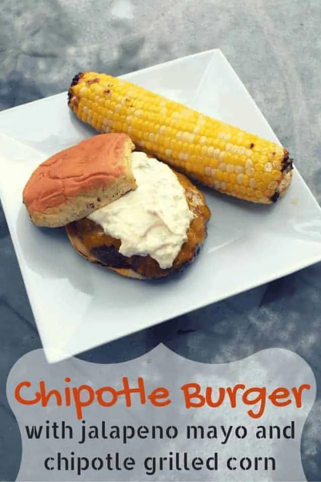 Chipotle burger with jalapeno mayo and chipotle grilled corn