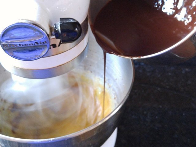Add chocolate mixture to eggs and sugar