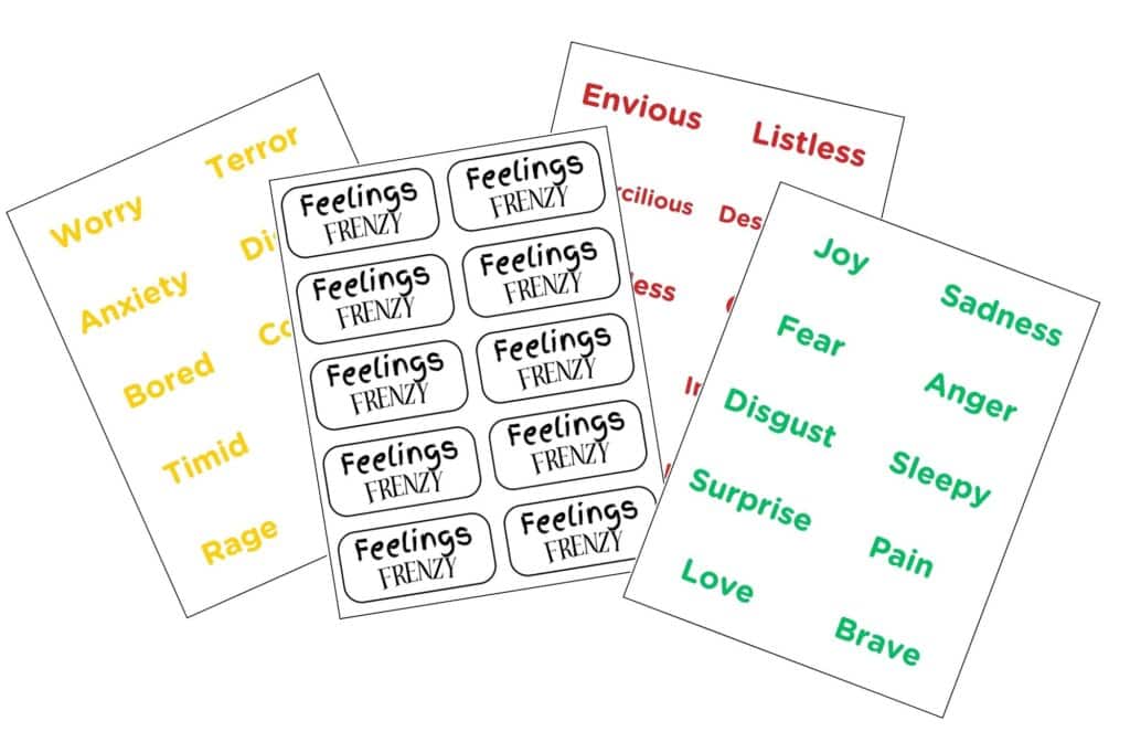 Image shows the Feelings Frenzy emotions card game printable with four example sheets laid across each other.