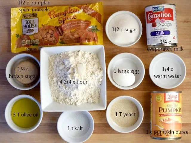 Ingredients for pumpkin cinnamon roll dough