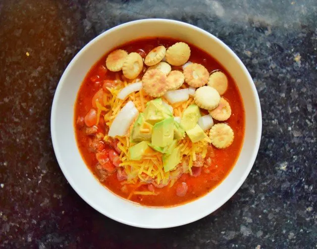 Beautiful bowl of loaded crockpot chili