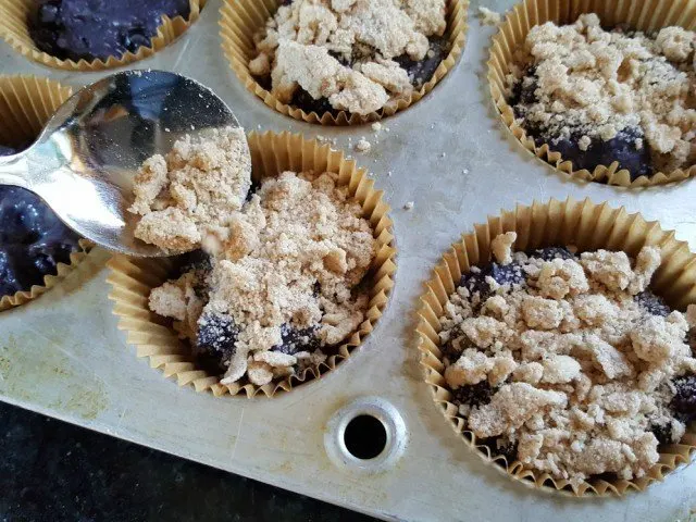 Add streusel to the top of individual blueberry coffeecakes