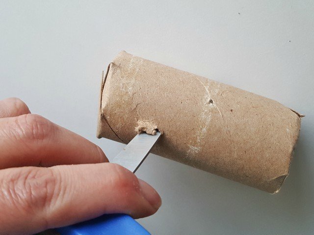 Start holes in cardboard tube for diy cat treat dispenser