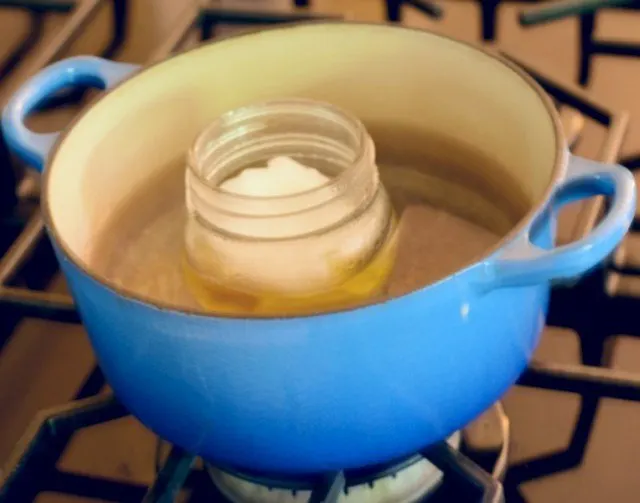 Add glass jar to heavy pot with hot water and let melt to make homemade deodorant