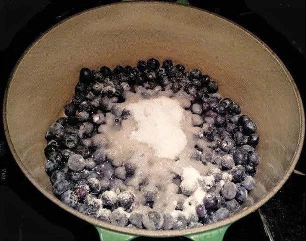 Blueberries in a pot with sugar on top.