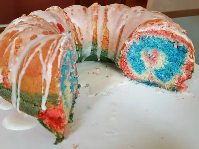 Red white and blue bundt cake sliced