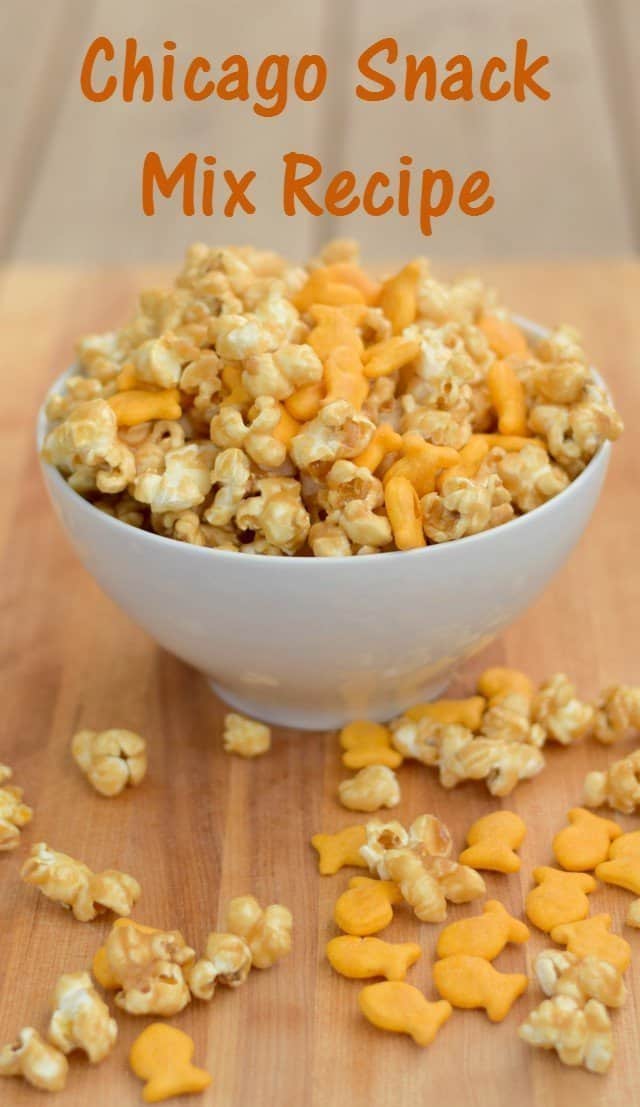 Super fun recipe for a homemade Chicago style popcorn mix for after school snacking. Delicious caramel corn mixed with Goldfish crackers for a perfect snack or movie treat.