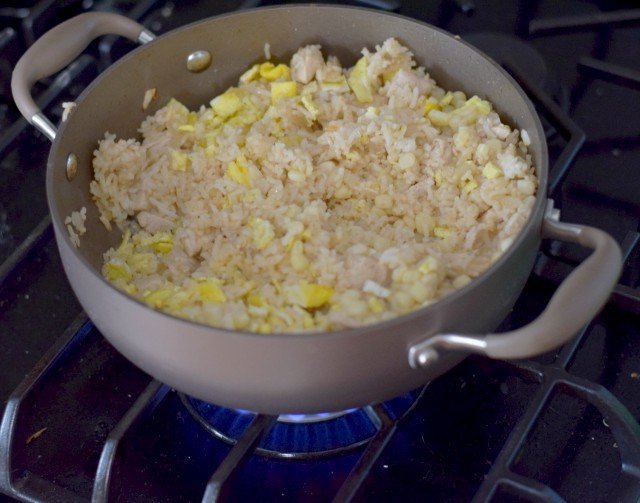 Add chopped egg and corn to cicken fried rice recipe