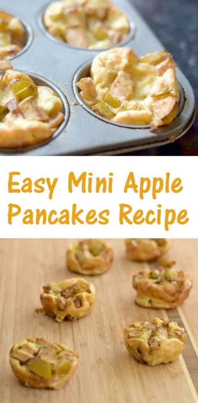 Delicious and easy mini apple pancakes recipe. Any mini food is cute, but this easy breakfast is great to make head in muffin tins and serve on busy mornings. Make it with fresh picked apples for a great fall treat!