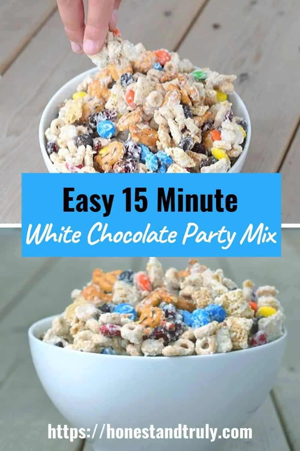 Bowls of white chocolate party mix
