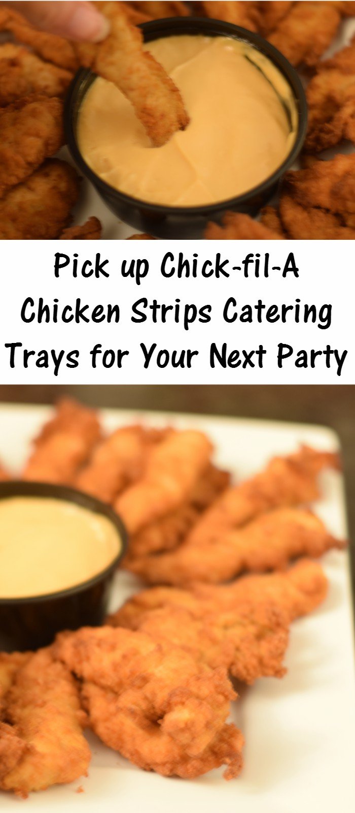 Chick-fil-A chicken strips catering tray for your next party. Easy options hot or cold, plus they can deliver. Make your party food easy this time