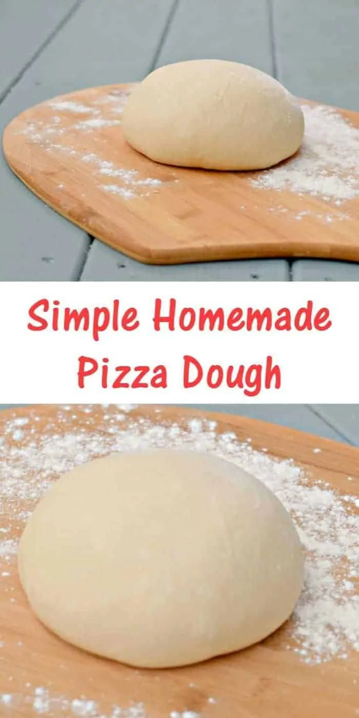 Collage of two images showing pizza dough rounds with text Simple Homemade Pizza Dough.